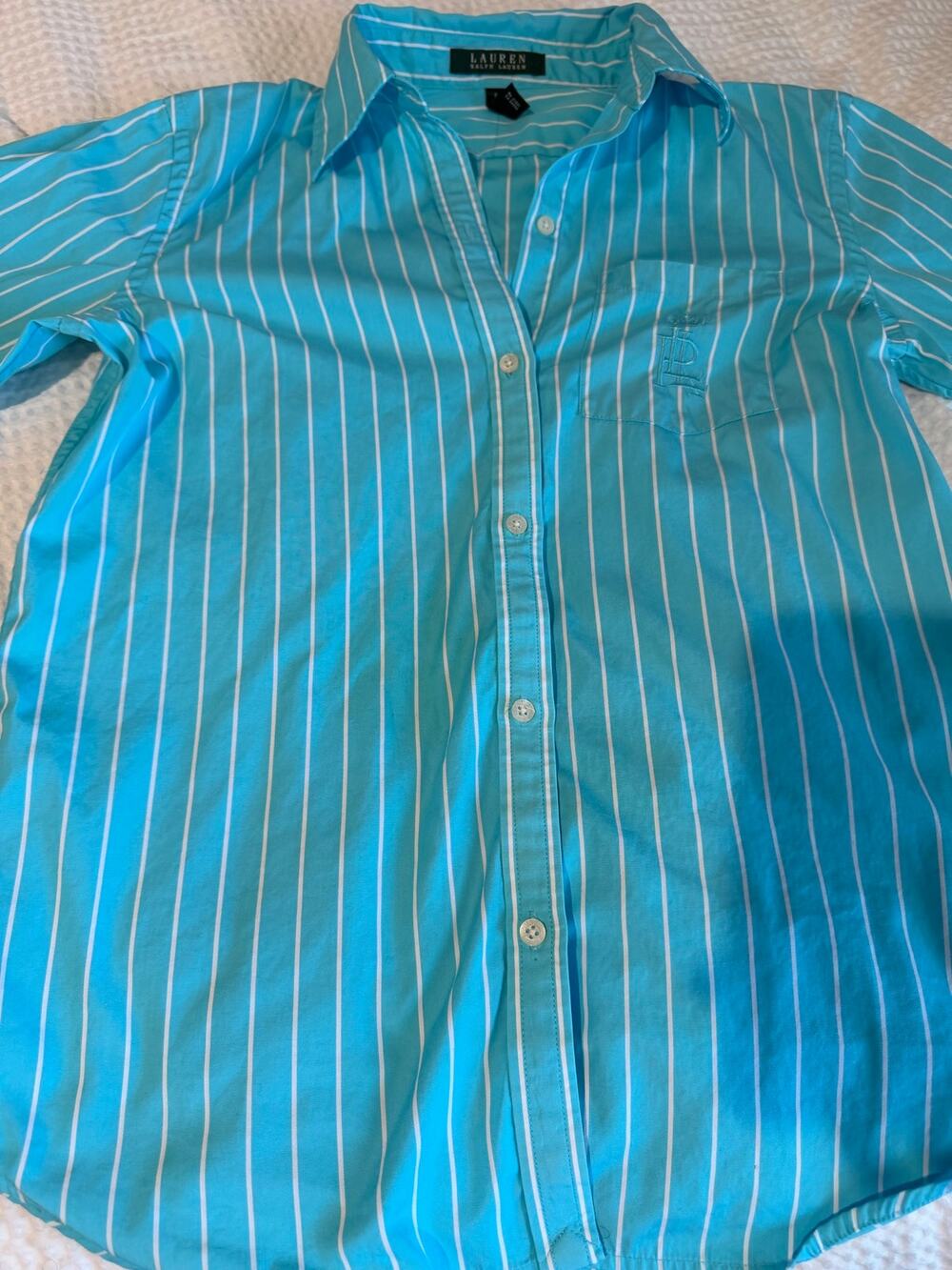 Lauren Ralph Lauren Small Petite Turquoise Striped Button Down Shirt LRL